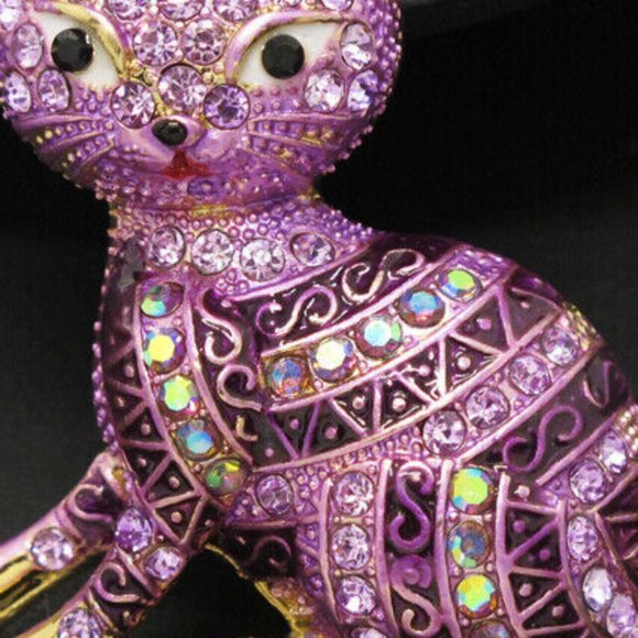 Betsey Johnson Adorable Purple Striped Rhinestone & Enamel CAT Pendant Necklace - Picture 2 of 8